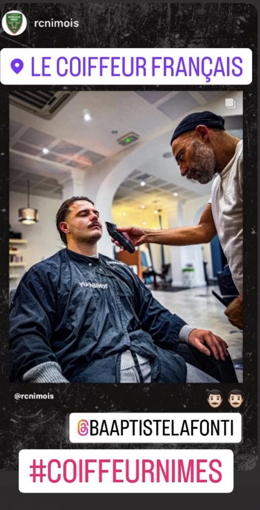 Loic Vicedo Gérant du coiffeur Francais à Nimes avec le rugbyman Baptiste Lafont, Talonneur de l’équipe de Nimes .